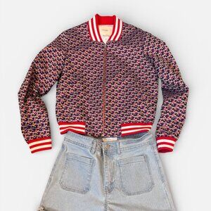 Maje Floral Bomber Jacket Red Stripe Trim Zip Front Lightweight Size Medium